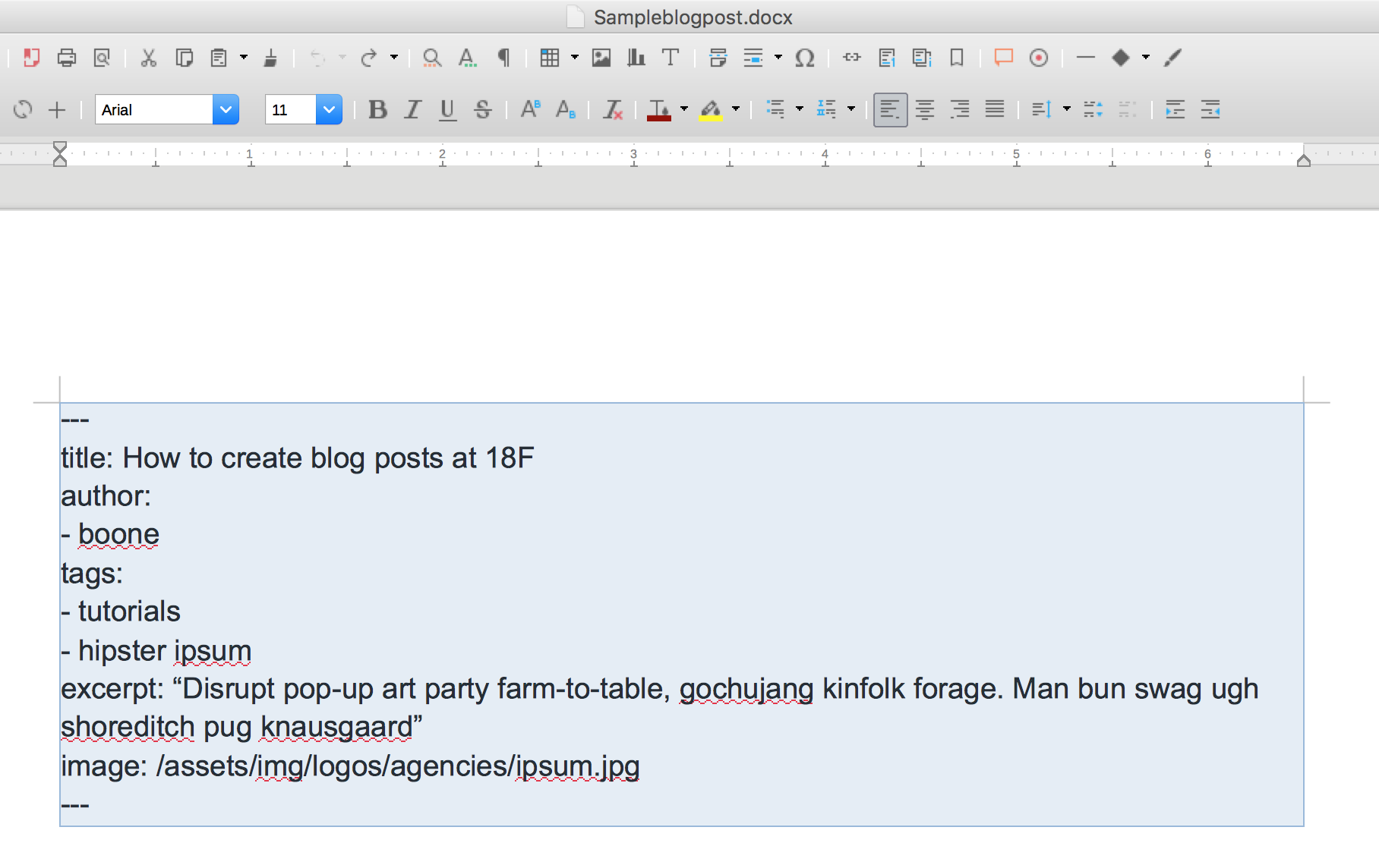 The frontmatter of a sample blog post selected in LibreOffice